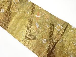 引箔　斜め縞に花喰い鳥模様織り出し　名古屋帯